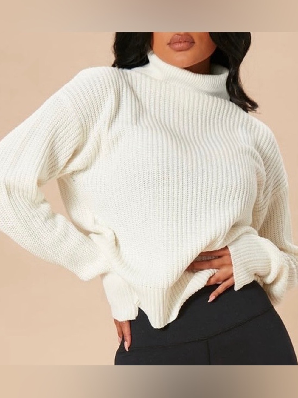 Fashion Nova Cream Ribbed Turtleneck Sweater